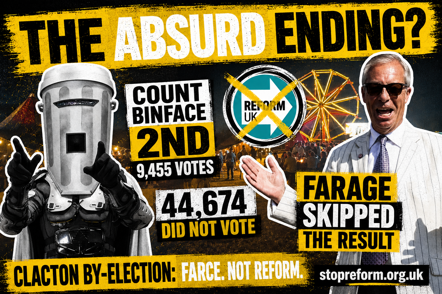 Clacton by-election result graphic with Count Binface second and Nigel Farage absent from the count