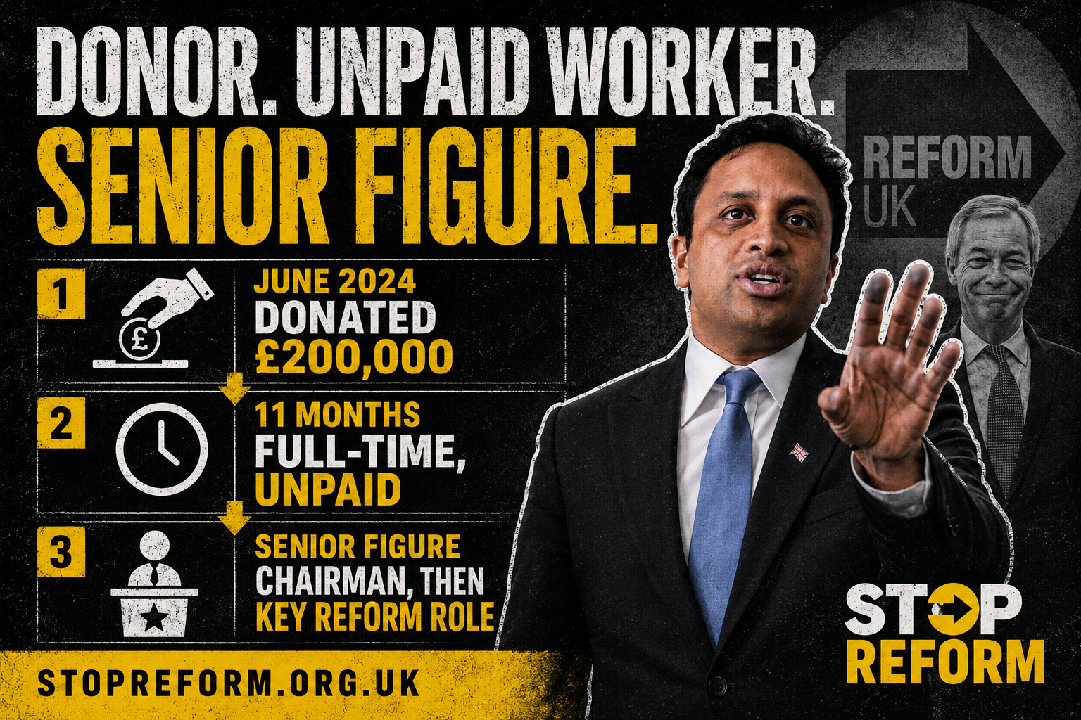 Stop Reform graphic: donor, unpaid worker, senior Reform figure